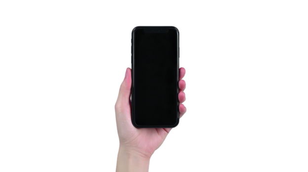 hand innehav modern smartphone med tom skärm isolerat på transparent bakgrund teknologi begrepp attrapp för app visa digital enhet mänsklig hand minimal stil neutral känsla png