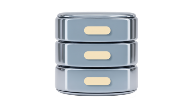 brilhante metálico base de dados ícone com três empilhado cilíndrico camadas e bege acentos, representando moderno dados armazenar, tecnologia, e nuvem Informática conceitos png