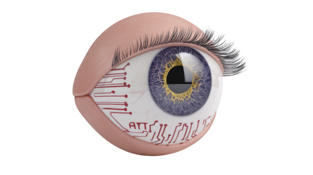 Cybernetic eye artificial intelligence technology human eye digital futuristic innovation blue iris eyelashes circuit sci fi Cybernetic eye with blue iris detailed eyelashes and embedded circuit png