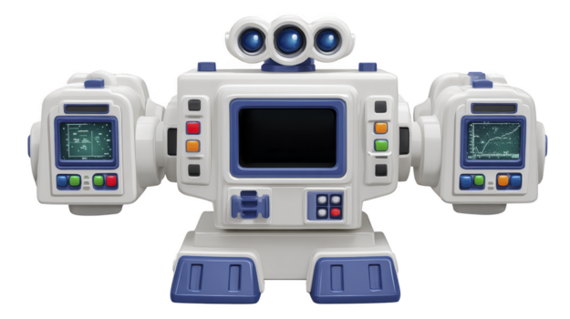 trogen robot med tre kamera linser, kontrollera paneler, och digital skärmar, designad i lekfull, tecknad serie stil, isolerat på genomskinlighet bakgrund, framkallar nyfikenhet och innovation png