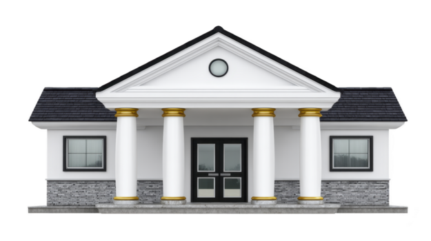 White building with four large columns triangular pediment and gold accents classic architecture style front view elegant and formal suitable for bank courthouse or government office png