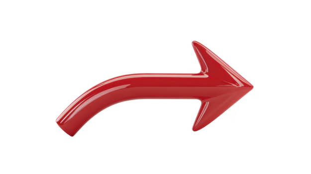 röd böjd pil glansig Avsluta isolerat på transparent bakgrund poäng rätt modern design 3d stil symbol för riktning navigering eller rörelse energisk och dynamisk png