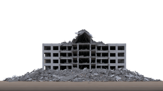 förstörd byggnad kollapsade strukturera urban ruin betong skräp skadad arkitektur katastrof verkningarna övergiven bruten ödslig dramatisk scen. bild visar stor mång berättelse byggnad med png