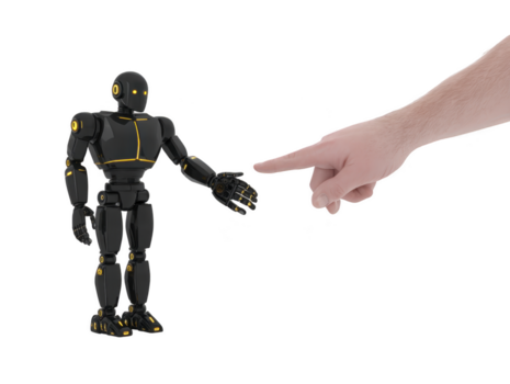 Robot human hand interaction technology artificial intelligence black yellow futuristic pointing communication isolated transparency background digital machine humanoid connection touch innovation png