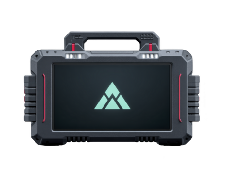 aspro tavoletta con futuristico disegno, nero e rosso colore, grande schermo visualizzazione geometrico montagna logo, durevole maneggiare, industriale stile, tecnologia dispositivo, isolato sfondo png