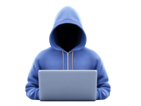 sem rosto pessoa dentro azul moletom com capuz usando computador portátil, misterioso e secreto atmosfera, tecnologia e cíber segurança conceito, isolado em transparente fundo png
