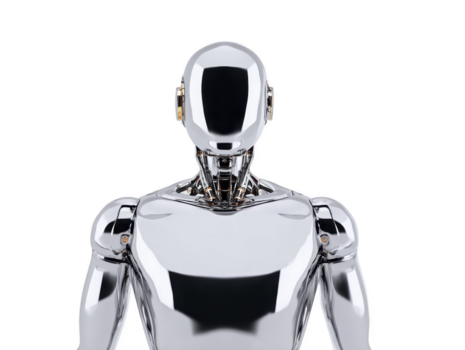 Robot android humanoid artificial intelligence futuristic technology metallic silver machine cybernetic Futuristic silver humanoid robot with reflective metallic surface, artificial intelligence png