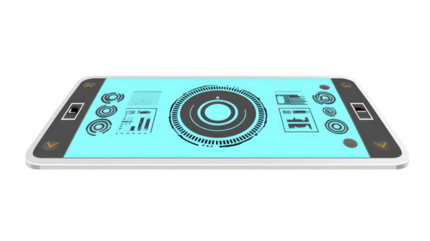 futuristico digitale tavoletta con blu olografico interfaccia, circolare grafica, dati grafici, e moderno touch screen disegno, isolato su trasparenza sfondo png