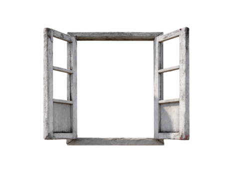 Old wooden window rustic frame open shutters vintage style weathered texture isolated on transparency background aged empty nostalgic architectural element png