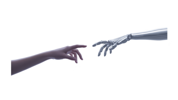 mänsklig hand nå mot robot hand, symboliserar förbindelse, teknologi, innovation, och framtida av artificiell intelligens, med känsla av nyfikenhet och hoppas png
