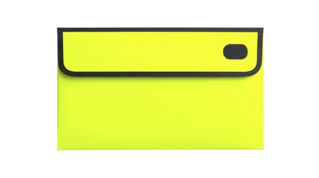 Yellow document envelope with black trim and button closure, modern office supply for organizing paperwork, isolated on transparency background, simple and functional design png