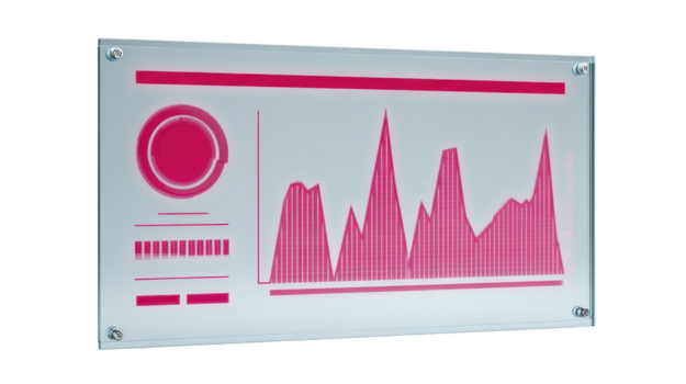 Modern digital dashboard with pink data visualization, futuristic interface, analytics chart, and circular graph, isolated on transparency background png