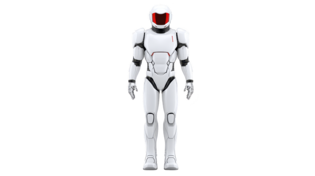 robot humanoide blanco futurista tecnología artificial inteligencia androide en pie lleno cuerpo aislado innovación moderno Ciencias cibernético avanzado digital máquina pulcro rojo acento casco traje png