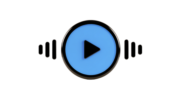 Blue play button icon with black sound wave lines, modern 3D style, symbolizing audio, music, or playback, isolated on transparent background, energetic and dynamic png