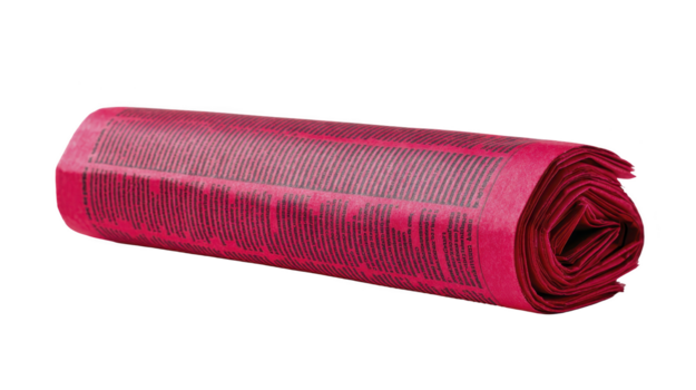 lanciato giornale con rosso tinta, isolato su trasparenza sfondo, con visibile testo colonne e cilindrico forma, comunemente Usato per lettura notizia o confezione, evoca curiosità png