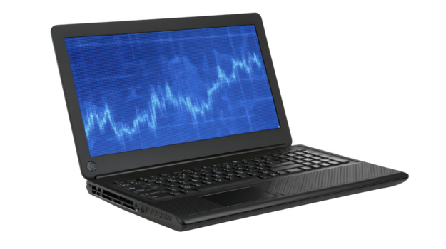 Preto computador portátil computador com azul digital gráfico em tela, moderno tecnologia dispositivo para negócios, finança, ou dados análise, isolado em transparência fundo png