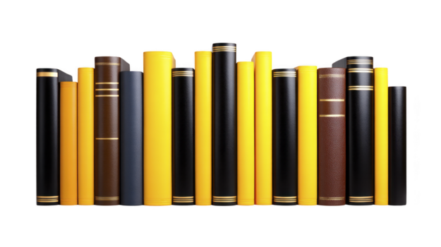 Books with yellow, black, and brown covers arranged in row, upright on transparency background, creating neat and organized appearance, suitable for education or library concepts png