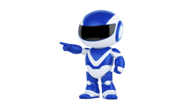 Blue robot futuristic humanoid pointing technology artificial intelligence isolated transparency background shiny friendly digital character 3D illustration modern innovation science fiction png