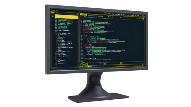 computador monitor Preto tela programação código Programas desenvolvimento moderno tecnologia digital área de trabalho isolado fundo codificação interface profissional produtividade png