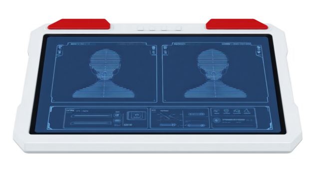 Futuristic tablet device with blue digital interface, displaying two human profiles, biometric data, and sci fi design, evokes advanced technology and innovation png