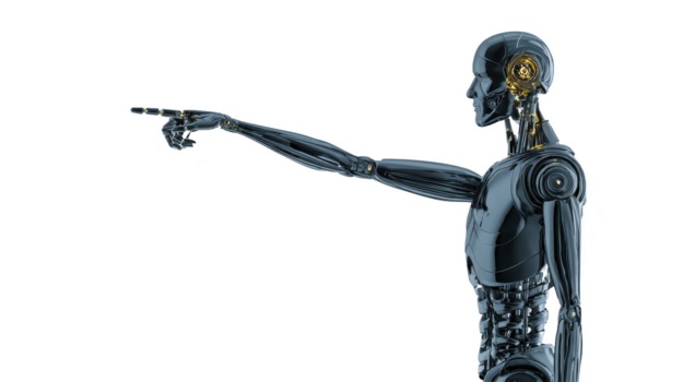 Robot android artificial intelligence futuristic technology pointing metallic cyborg machine humanlike advanced innovation digital automation mechanical sci fi modern silver humanoid electronic png