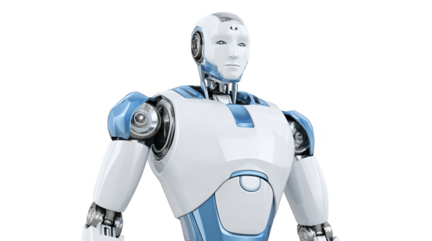 futurista robot con blanco y azul cuerpo, humanoide rostro, avanzado tecnología, artificial inteligencia, y mecánico articulaciones, expresando calma y neutral emoción png