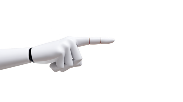 White robotic hand extended index finger isolated on transparent background futuristic technology artificial intelligence innovation minimal design clean and modern style png