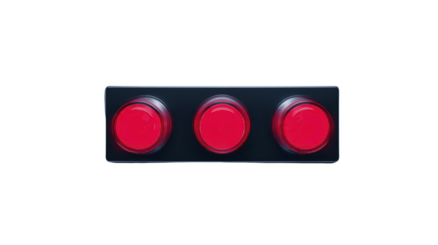 Tres rojo redondo botones en negro rectangular panel, aislado en transparencia fondo, transmitir sentido de urgencia o alerta, adecuado para industrial, control, o emergencia utilizar png