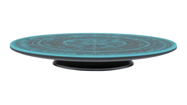 Futuristic holographic interface table with glowing blue circular digital display, high tech design, innovation, and modern technology concept png