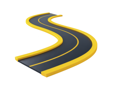 Curved road with yellow border and double yellow line, isolated on transparency background, symbolizing journey, direction, and travel with modern, minimalistic style png