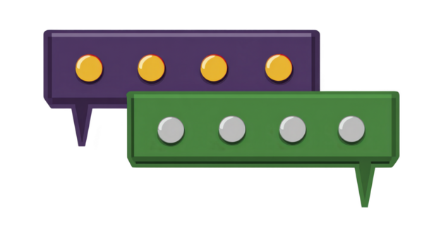 Purple speech bubble with yellow dots and green speech bubble with gray dots, both in cartoon style, represent communication, conversation, and social interaction in playful, modern design png