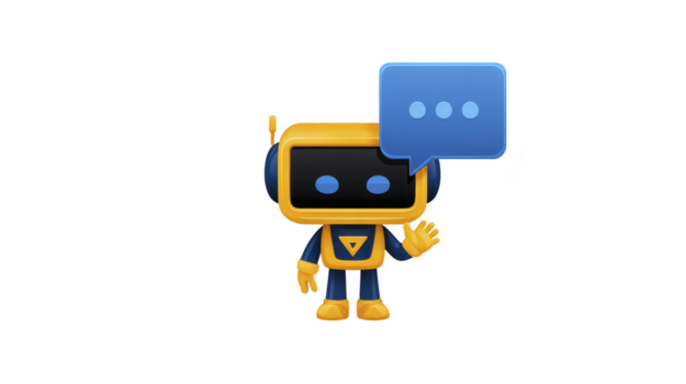 linda amarillo y azul robot personaje con habla burbuja, simpático expresión, ondulación mano, aislado en transparente fondo, Perfecto para tecnología, comunicación, o chatbot conceptos png