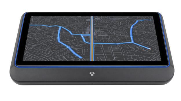 Large touchscreen navigation device with digital city map, blue route lines, and modern interface, isolated on transparency background, technology and travel concept png