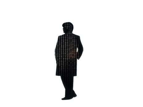 silhouette binario codice digitale tecnologia dati persona astratto nero bianca in piedi concetto moderno Internet sicurezza vita privata crittografia informazione codice programmazione pirata informatica virtuale computer png