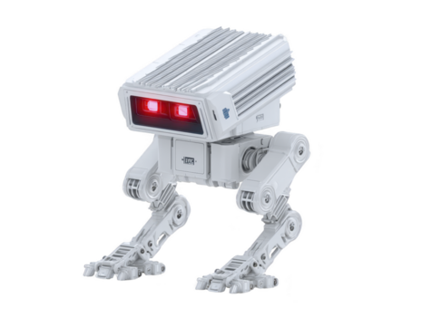 Futuristic robot with rectangular head, glowing red eyes, metallic body, mechanical legs, and sci fi design, isolated on transparency background, evokes curiosity and innovation png