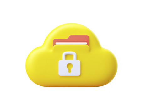 Yellow cloud icon with folder and padlock symbol, representing secure cloud storage, data protection, privacy, and safe online file management, with modern, minimal style png
