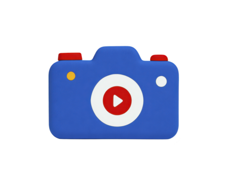 Blue camera icon with white circle and red play button in center, minimalistic design, isolated on transparency background, playful and modern style png