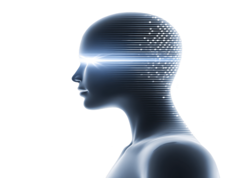 Futuristic human head profile with glowing eyes, digital lines, and abstract technology elements, symbolizing artificial intelligence, innovation, and advanced thinking png