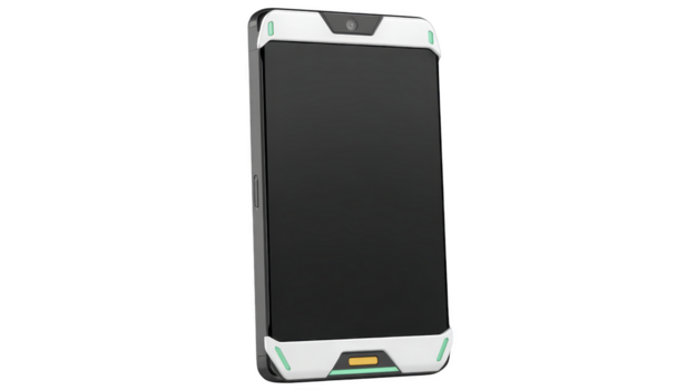 trogen smartphone med stor svart pekskärm, vit och grön vinkel- ram, främre kamera, och minimalistisk design, isolerat på transparent bakgrund png