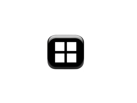 Glossy black square icon with four grid windows, modern minimal style, isolated on transparent background, suitable for user interface or app button design png