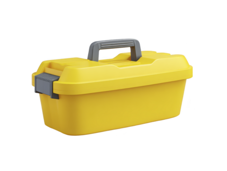 Yellow plastic toolbox with gray handle, durable storage container for tools, portable and lightweight, ideal for home or workshop organization, modern design, cheerful color png