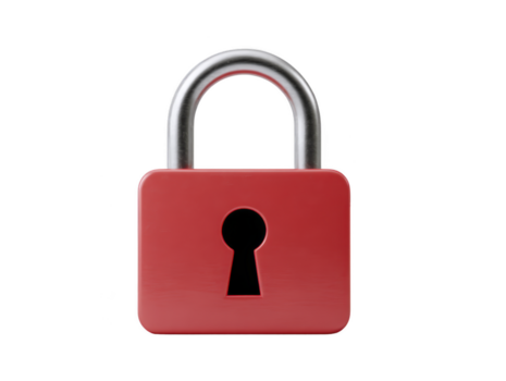 Red padlock security safety protection privacy metal closed isolated simple modern design symbolizing secure access and restricted entry with keyhole in center png