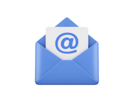Open blue envelope with white card featuring large blue at symbol, representing email communication, digital message, and online correspondence, isolated on transparency background png