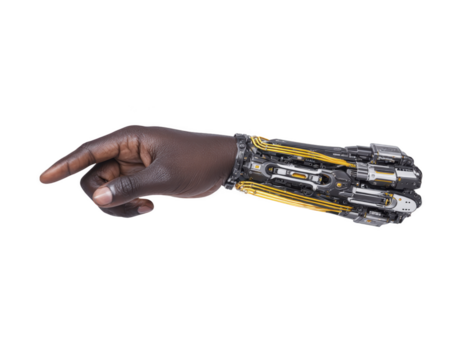 nero mano con Avanzate robotica protesico braccio, futuristico tecnologia, cibernetico aumento, innovazione, artificiale arto, isolato su trasparenza sfondo png
