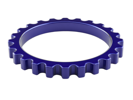 Blue gear metallic cog circular machine part shiny industrial component isolated on transparency background mechanical engineering precision equipment modern technology 3D rendering clean design png
