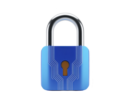 Blue padlock digital circuit security technology protection privacy metal closed modern isolated on transparency background symbolizing safe data and secure access png