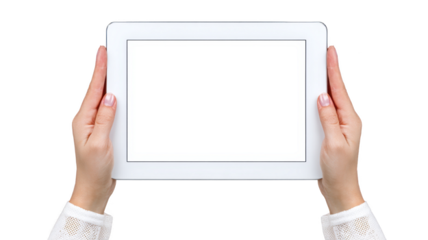 Hands holding white digital tablet with blank screen, isolated on transparency background, technology concept, copy space for app or website design, modern device, clean and minimal style png