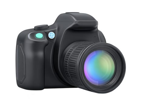 Black digital camera with large lens, modern design, and colorful lens reflection, isolated on transparent background, perfect for photography concepts and creative projects png