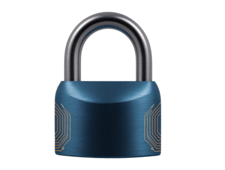 blu metallico lucchetto con digitale circuito modello, simboleggiante moderno sicurezza e tecnologia, isolato su trasparente sfondo, veicolare sicurezza e innovazione png