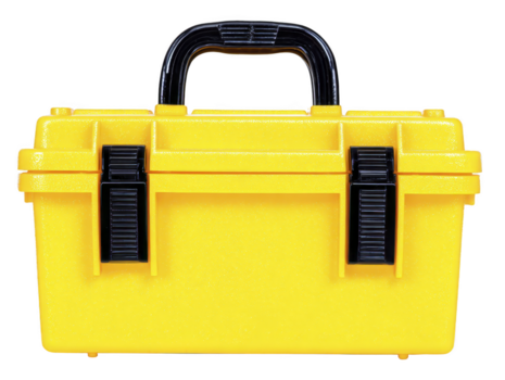 giallo plastica cassetta degli attrezzi con nero maniglia e sicuro chiavistelli, ideale per organizzazione Strumenti, portatile e durevole, adatto per casa o professionale uso, isolato su trasparenza sfondo png